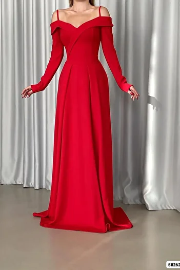 Deafox Rotes, schmal geschnittenes, langärmliges Maxikleid aus importiertem Kreppstoff mit Schlitzdetail