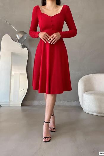 Deafox Rotes, langärmliges Kleid mit Knopfleiste in Midilänge aus importiertem Kreppstoff