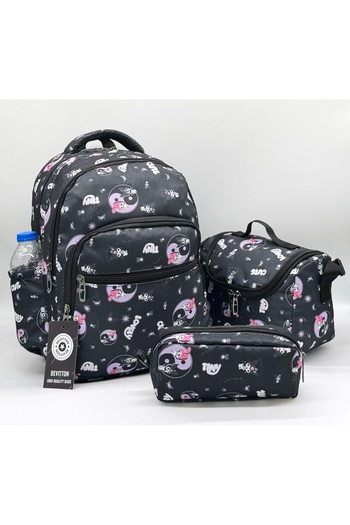 Bevitton Set of 3 Primary School Bags - Character Pattern, Endless Black Set Girl Child
