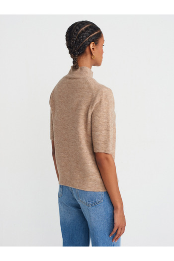 Dilvin 10658 Stand Collar Short Sleeve Knitwear Sweater-Beige