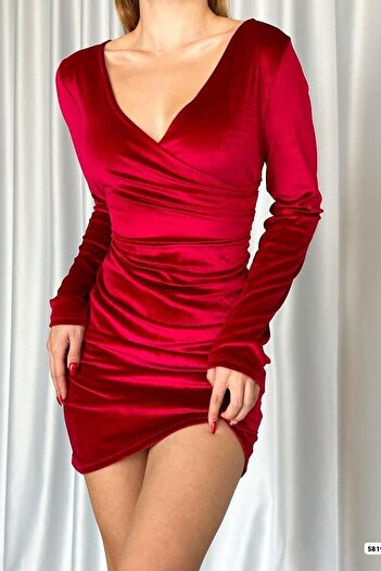 Deafox Rotes Kleid aus Samt mit gerafftem Zweireiherkragen