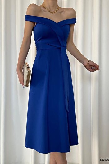 Deafox Saks Blue Scuba Fabric Madonna galléros öves ruha