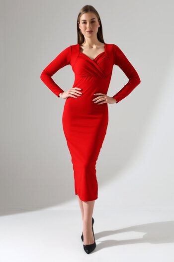 Deafox Red Sweetheart Neckline Slit Long Sleeve Long Dress