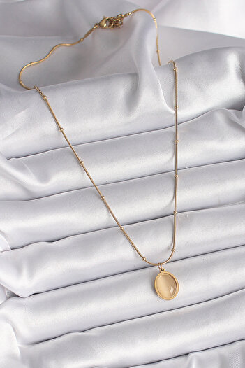 Store 316L Çelik Gold Renk Sarı Kedi Gözü Sedefli Oval Model Kadın Kolye