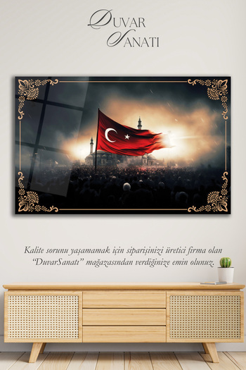 duvarsanatı Dalgalanan Türk Bayrağı ve Cami Cam Tablo , Modern Ev Ofis Salon Duvar Dekoru Büyük Tablo ,Hediyelik