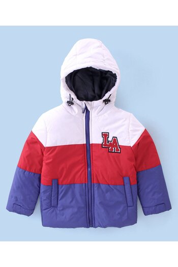 Babyhug Babyhug Full Sleeves Padded & Hooded Jacket Color Block With Text Embroidery- Blue Red & White
