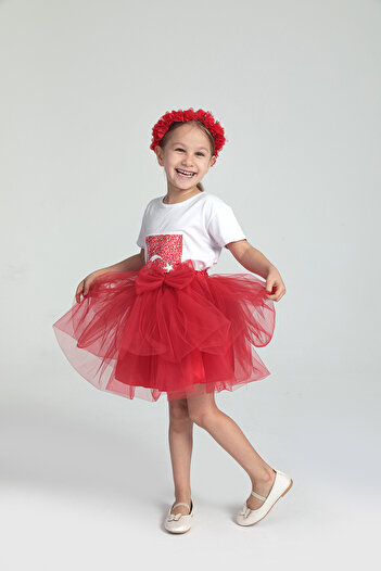 modabesta Girl's Red Balloon Skirt with Crown Gift