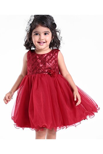 Babyhug Sleeveless Party Frock With Sequin Embroidery & Floral Corsage- Red