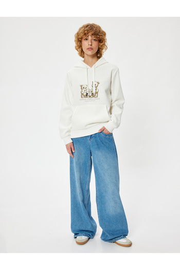 Koton Oversize Hooded Sweatshirt - Slogan Print, Kangaroo Pocket
