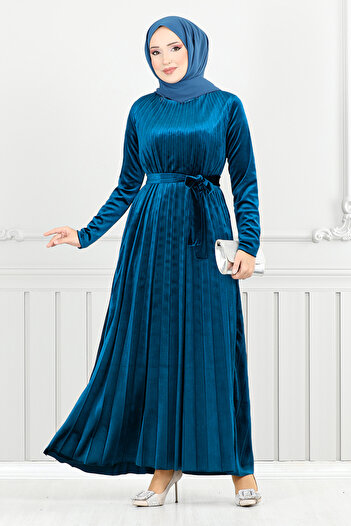 ModaMerve Pleat Detail Velvet Dress 2012Efy931-M Petrol