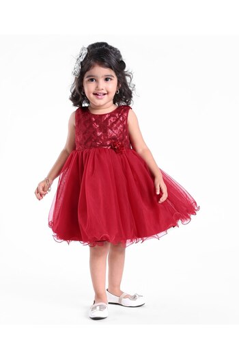Babyhug Sleeveless Party Frock With Sequin Embroidery & Floral Corsage- Red