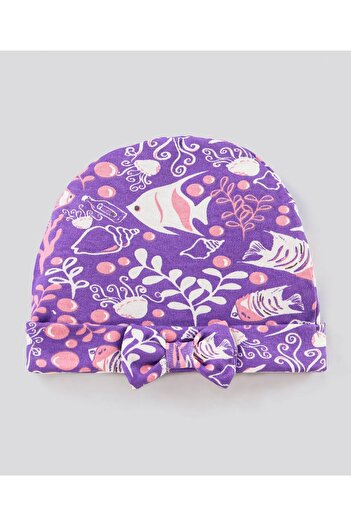 Bonfino - Cotton Cap Mitten & Booties Set Printed Purple - Diameter 13.5 cm