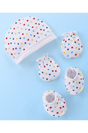 Babyhug 100% Cotton Knit Star Print Cap Mittens & Booties- White