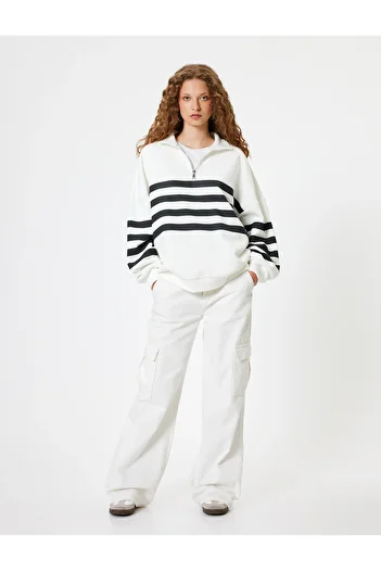 Koton Long Sleeve Oversize Sweatshirt - Half Zipper and Stripe Detail