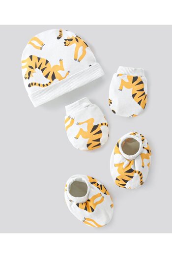 Bonfino 100% Cotton Cap Mittens & Booties Tiger Print - White