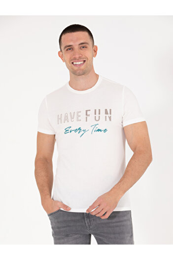 Pierre Cardin Ecru Slim Fit εμπριμέ μπλουζάκι με λαιμόκοψη 50263928-VR019