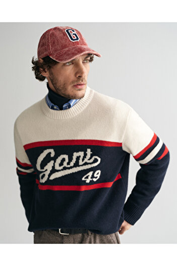 Gant Erkek Lacivert Relaxed Fit Bisiklet Yaka Logolu Kazak