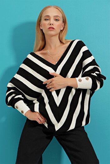 LocaMz Women's Black-White V-Neck Stripe Oversize Knit Sweater