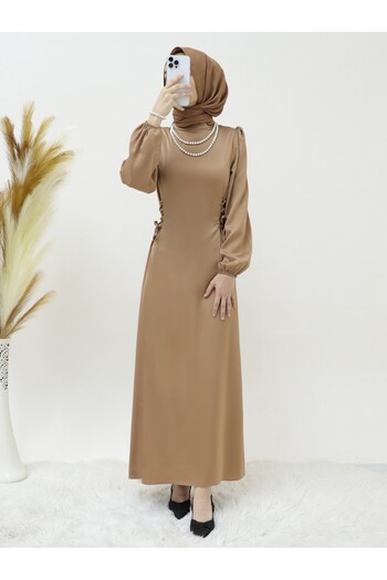 Modamorfo Satin Dress - Side Ties and Elastic Sleeves, Mink