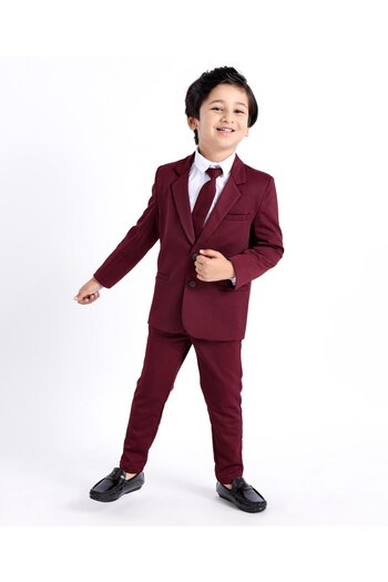 Babyhug Full Sleeves 3 Piece Stretch Party Suit with Tie - Maroon