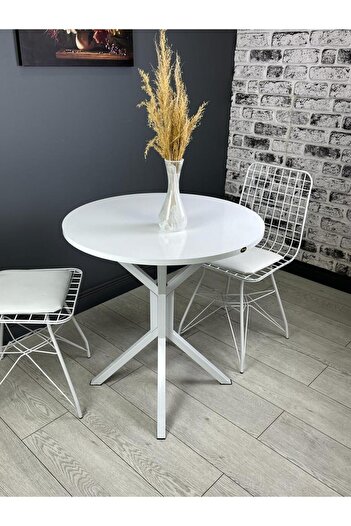hey modüler mobilya Nisa Beyaz Yuvarlak Mutfak Masası Yemek Masası Metal Beyaz Ayak 70 Cm