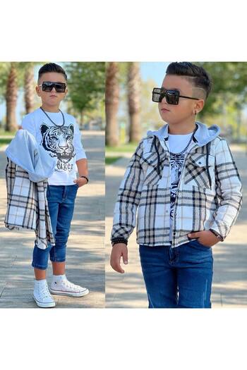 Burçak Butik Hooded Lumberjack Long Sleeve Shirt / Jeans / T-Shirt 3 Pieces Set