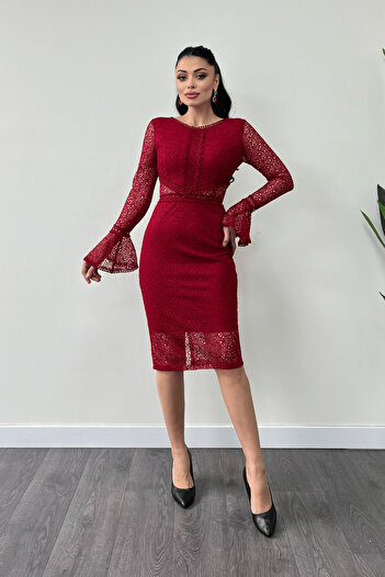 giyimmasalı Red Flounce Pencil Dress - Full Lace Fabric