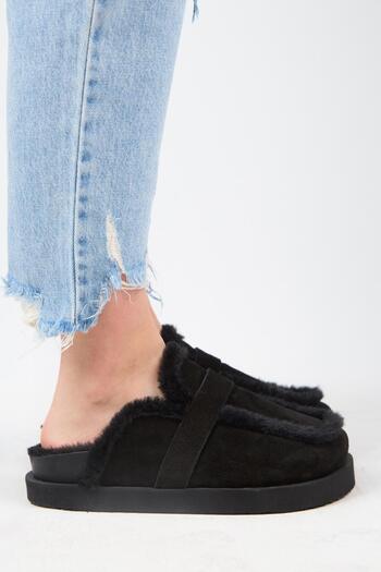 Manijero (Ecemi Platform) Women's Genuine Leather Fur Loafer Platform Black Slippers