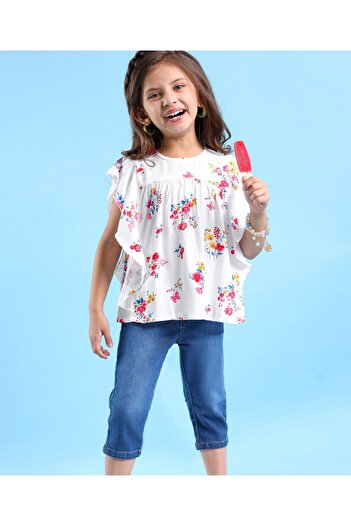 Babyhug Rayon Half Sleeves Floral Top With Capri Length Denim With Stretch-Multicolour