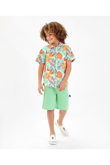 Ollington St. Ollington St. 100% Cotton Knit Half Sleeves Shirt & Shorts Set Leaf Print - Multi Color