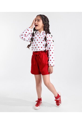 Ollington St. Ollington St. 100% Cotton Knit Shirt Tie Up Sleeve & Waist Shorts Self Fabric Belt-White & R