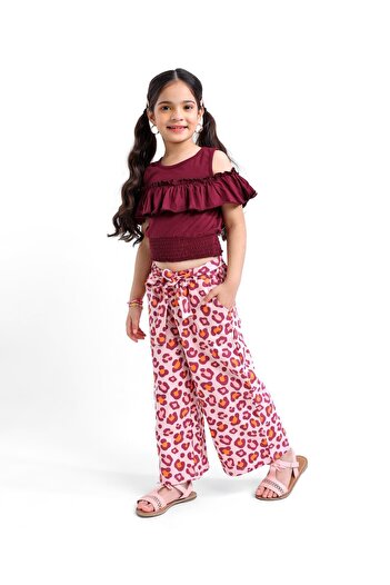 Ollington St. Ollington St. Cotton Knit Half Sleeves Top and Culottes Leopard Print - Purple & Pink