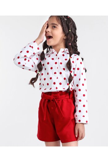 Ollington St. Ollington St. 100% Cotton Knit Shirt Tie Up Sleeve & Waist Shorts Self Fabric Belt-White & R