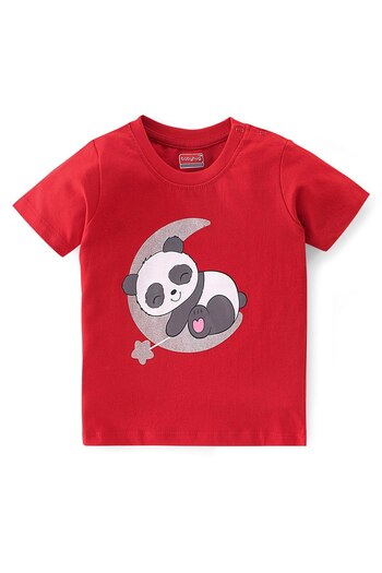 Babyhug Babyhug Cotton Knit Half Sleeves Night Suit With Panda & Star Print - Red