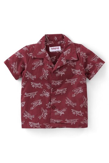 Babyhug Babyhug Poplin Woven Half Sleeves Night Suit/Co/ord Set Airplane Print - Maroon