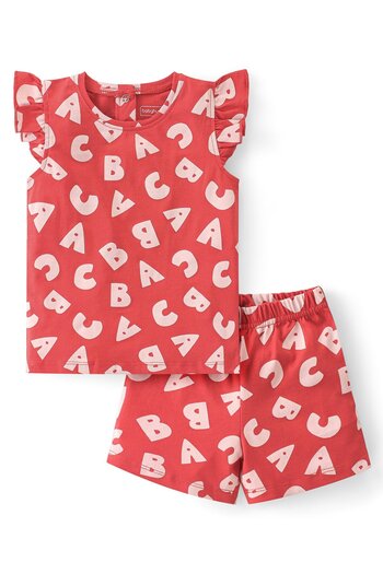 Babyhug Babyhug Single Jersey Knit Frill Sleeves Night Suit/Co/ord Set Text Print - Red