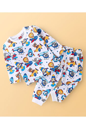 Babyhug Babyhug Cotton Knit Full Sleeves Animal Print Pyjama Set - White
