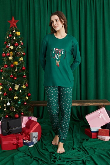 ELİTOL Green Love Joy Christmas Patterned Luxury Thermal Women's Pajamas Set