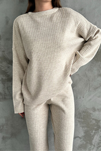 macharel jeans Cream Crew Neck Knit Sweater Pants Knitwear Bottom-Top Set