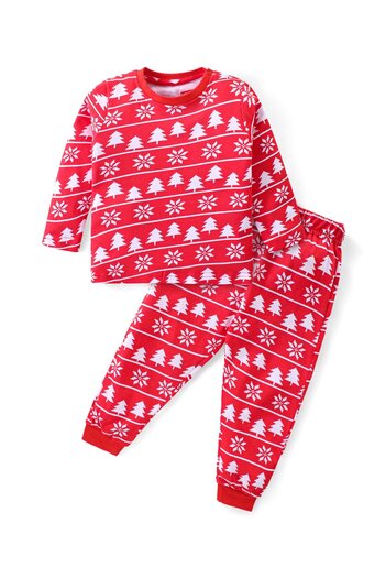 Babyhug Babyhug Cotton Knit Full Sleeves Night Suit with Trees & Floral Print - Red