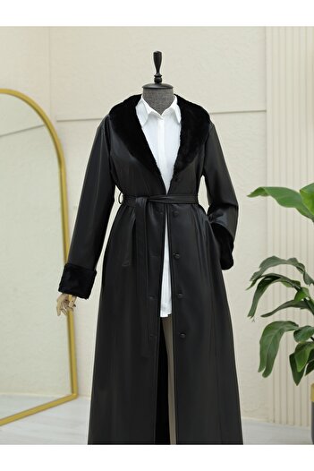 Modamorfo Plush Lace up Leather Top with Sleeves and Collar - Black