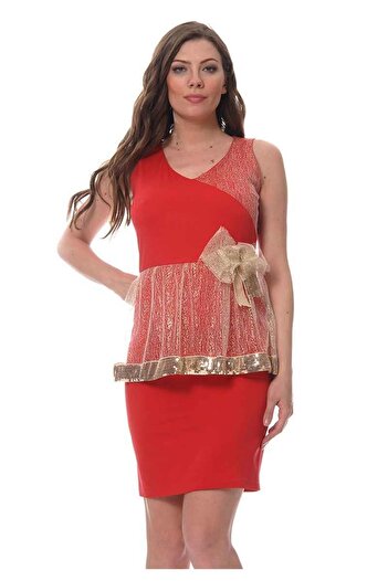 modayız Kırmızı Pul Detaylı Kısa Abiye G6-115389