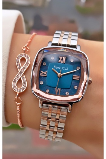 Ferrucci Marka Rose Gold Renk Kristal Cam Çelik Kordon 2 Yıl Garantili Kadın Kol Saati - Bileklik