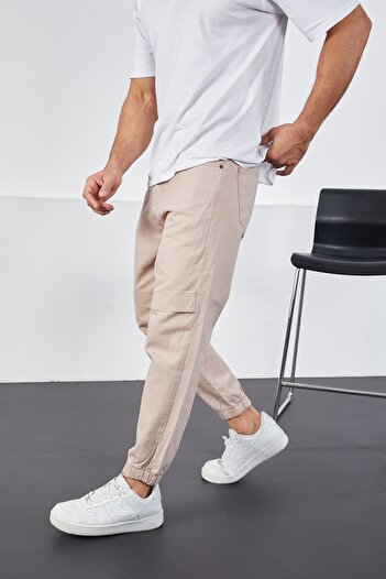 LTC Jeans Men's Beige Baggy Fit Pieced Knee and Elastic Leg Trousers