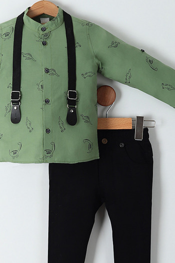 Pollito Boy's Dinosaur Print Cotton Shirt Gabardine Pants 3 Piece Set