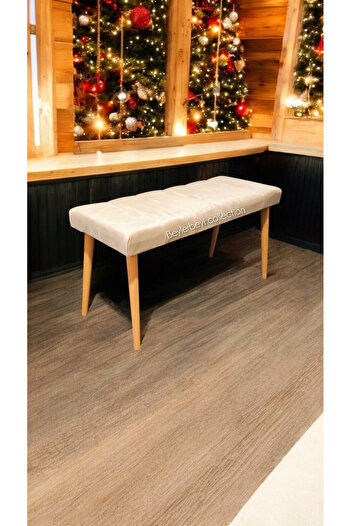BEYLERBEYİ Ahşap Ayaklı Handmade Geniş Oturum Alanlı Krem düz Kumaş Pofidik Puf bench ,ayak ucu uzatmalık