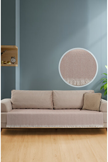 LADYNİL Beige 100% Cotton Sofa Cover - Fringed and Covering