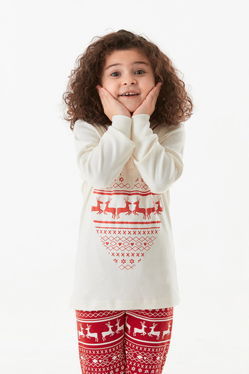 Fulla Moda Deer Printed Crew Neck Girl's Pajama Set