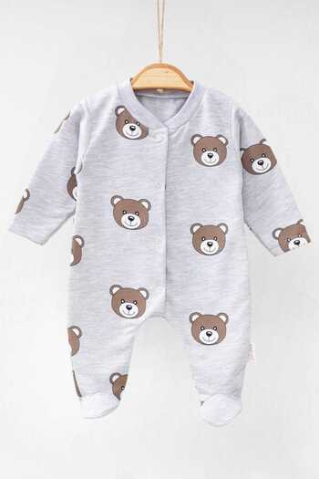 dinamik çocuk Fine Available 100% Cotton Romper for Newborn Baby Boy - Teddy Bear Print, Front Snaps