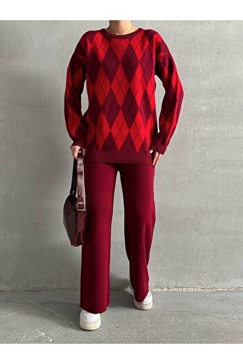 Lusin Women's Burgundy Diamond Pattern Sweater Blouse Pants Bottom Top Double Knitwear Set
